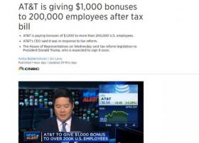 庆祝税改 AT&T将向逾20万员工发1000美元奖金