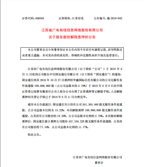 【公告】江苏有线有关股东股份接触质押的公告