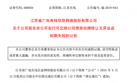 江苏有线：非公司公开发行可交换公司债券挂牌转让无异议函到期失效