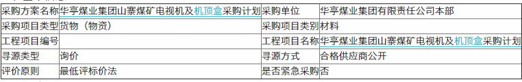 华亭煤业集团山寨煤矿电视机及<font color=red>机顶盒</font>采购计划询价公告