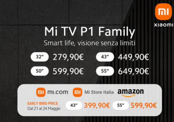 5月21日起小米电视P1系列将在意大利上市 售价约人民币2182元起