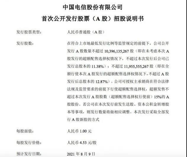 中国电信：A股发行价格4.53元/股，8月9日发行