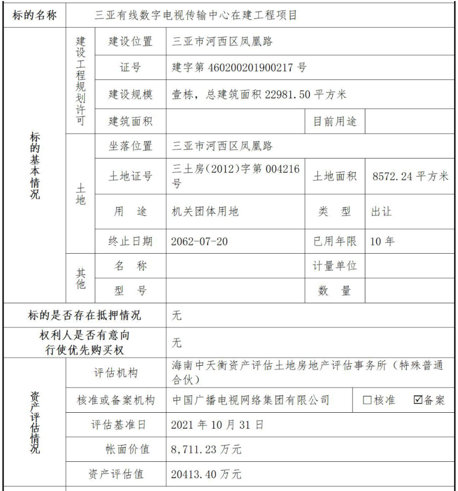 中国有线转让三亚有线数字电视传输中心在建工程项目