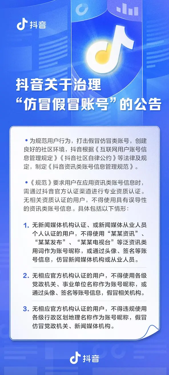 抖音治理假冒仿冒账号 未认证账号昵称不得使用“资讯”“新闻”等字样