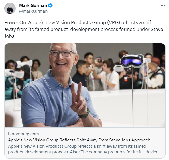 彭博社:苹果为 Vision Pro 设立专门部门“VPG”