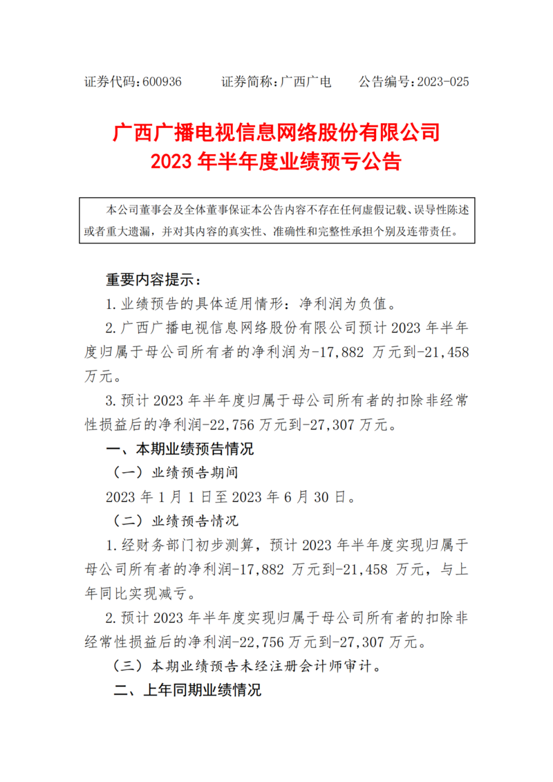 广西广电:预计2023年上半年净利润约-1.79亿元到约-2.15亿元