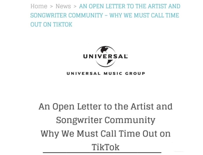 音乐版权巨头环球音乐宣布与 TikTok 谈判破裂，不再续签授权协议
